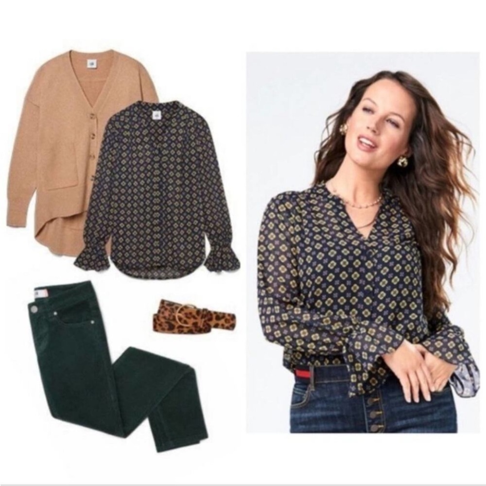 CAbi Navy Mosaic Medallion Print Blouse